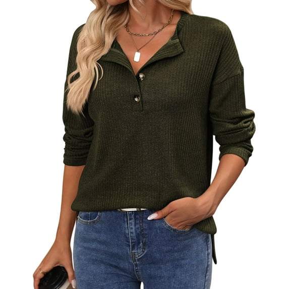 Women'S Henley Shirts Long Sleeve V Neck Ribbed Button Down Knit Sweater Fitted Tops Green S