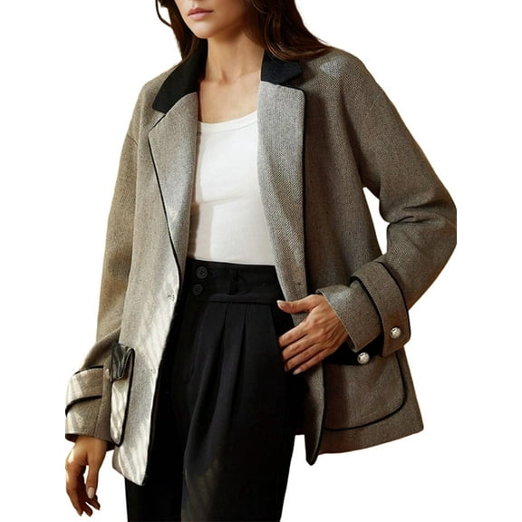 Women'S Herringbone Contrast Velvet Trim Blazer Vintage Single Breasted Casual Suit Jacket Gray M