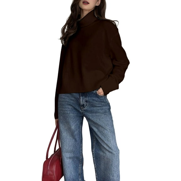 Women'S High Collar Sweater Chunky Long Sleeve Knitted Pullover Trendy Fall Winter Basic Jumper Top Brown M