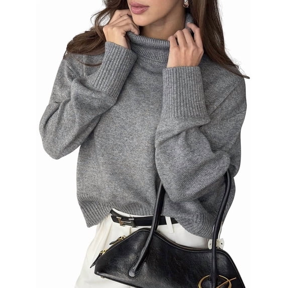 Women'S High Collar Sweater Chunky Long Sleeve Knitted Pullover Trendy Fall Winter Basic Jumper Top Dark Gray M