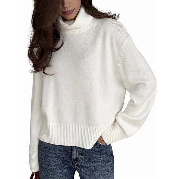 Women'S High Collar Sweater Chunky Long Sleeve Knitted Pullover Trendy Fall Winter Basic Jumper Top Ivory White L