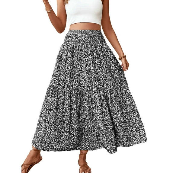 Women'S High Elastic Waist Midi Skirt Casual Summer Trendy Flowy Ruffle Floral Print A Line Skirts Black Flower L