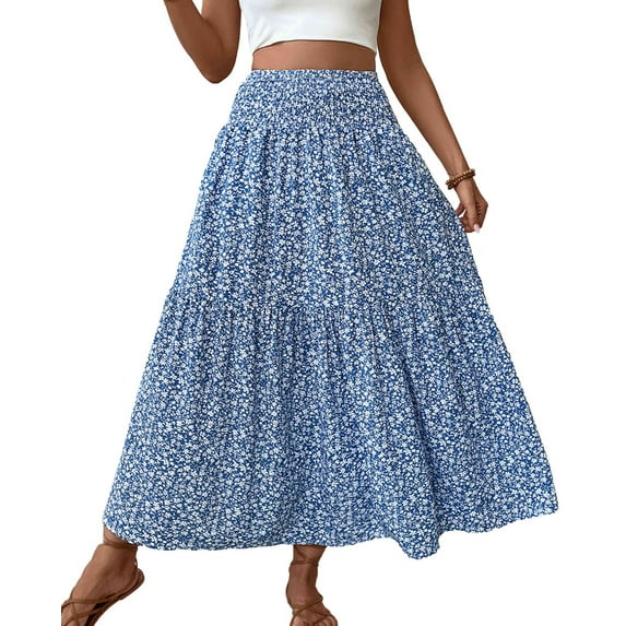 Women'S High Elastic Waist Midi Skirt Casual Summer Trendy Flowy Ruffle Floral Print A Line Skirts Blue Flower S