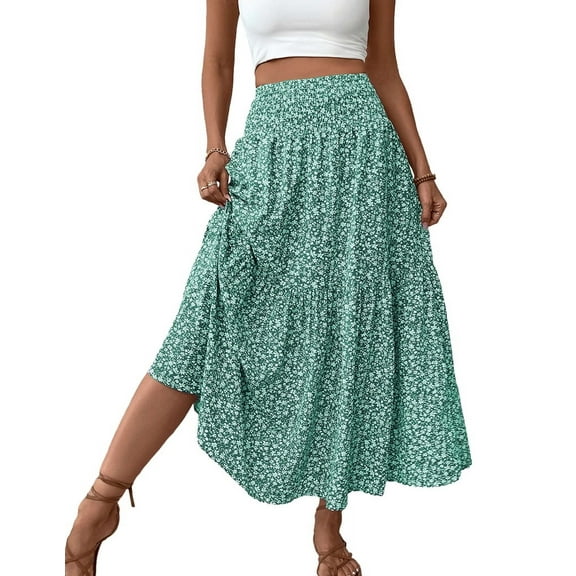 Women'S High Elastic Waist Midi Skirt Casual Summer Trendy Flowy Ruffle Floral Print A Line Skirts Green Flowers XL