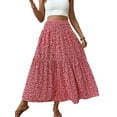 thumbnail image 1 of Women'S High Elastic Waist Midi Skirt Casual Summer Trendy Flowy Ruffle Floral Print A Line Skirts Safflower XL, 1 of 8