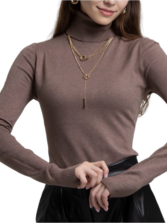 Women'S High Neck Slim Fit Long Sleeve Knit Basic Top Camel Color One Size