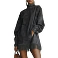 thumbnail image 1 of Women'S High Neck Suede Retro Long Sleeve Dress with Fringe Trim and Pockets Loose Fit Black XL, 1 of 8