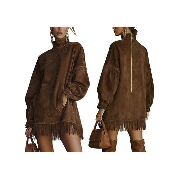 Women'S High Neck Suede Retro Long Sleeve Dress with Fringe Trim and Pockets Loose Fit Brown M
