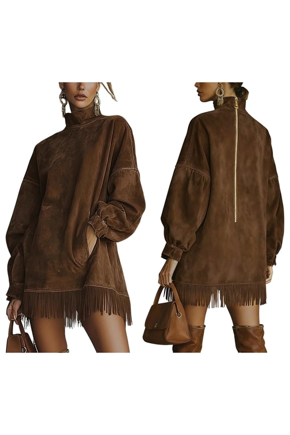 Women'S High Neck Suede Retro Long Sleeve Dress with Fringe Trim and Pockets Loose Fit Brown S