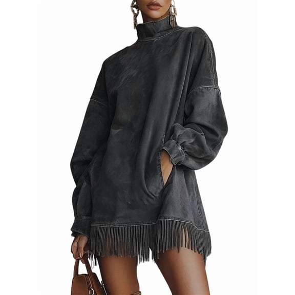 Women'S High Neck Suede Retro Long Sleeve Dress with Fringe Trim and Pockets Loose Fit