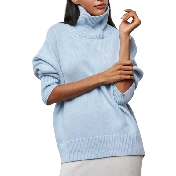 Women'S High Neck Sweaters Loose Fit Fall Winter Pullover Jumper Tops Light Blue L