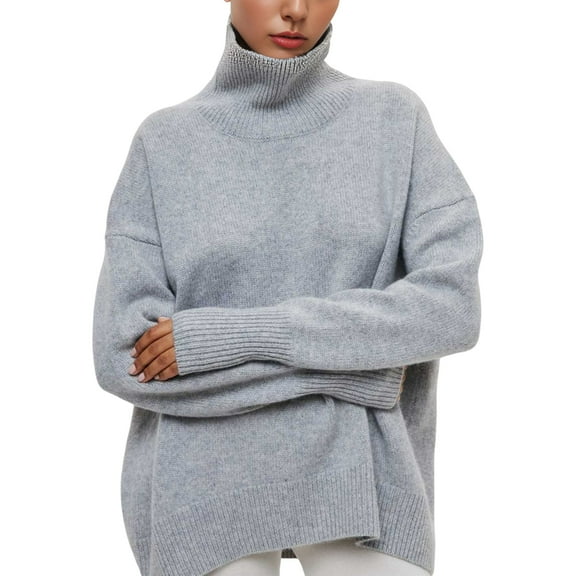 Women'S High Neck Sweaters Loose Fit Fall Winter Pullover Jumper Tops Silver Grey L