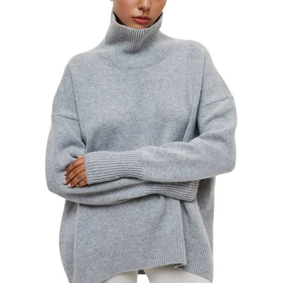 Women'S High Neck Sweaters Loose Fit Fall Winter Pullover Jumper Tops Silver Grey L
