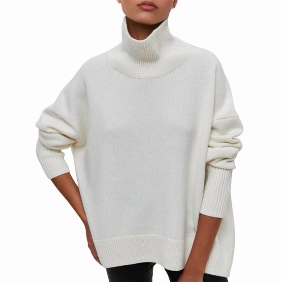 Women'S High Neck Sweaters Loose Fit Fall Winter Pullover Jumper Tops White L