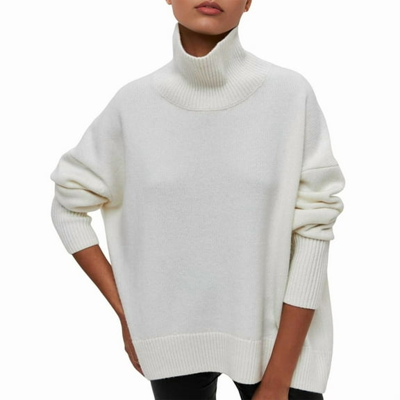 Women'S High Neck Sweaters Loose Fit Fall Winter Pullover Jumper Tops White M