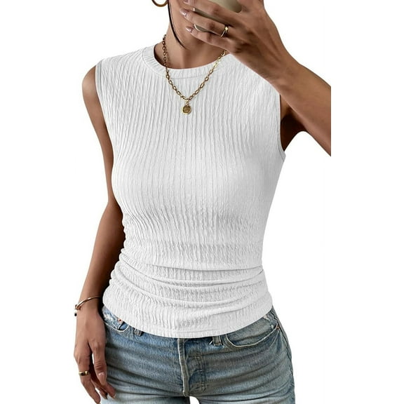 Women'S High Neck Tank Top 2025 Summer Casual Ribbed Knit Slim Fitted Basic Textured Sleeveless Shirts White XL