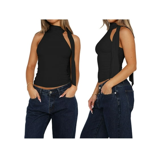 Women'S High Neck Tank Top Sleeveless Ribbed Slim Fit Basic Going Out Tops Black L