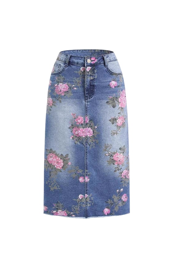 Women'S High Rise Allover Floral Print Raw Hem Split Back Midi Denim Skirt Blue L