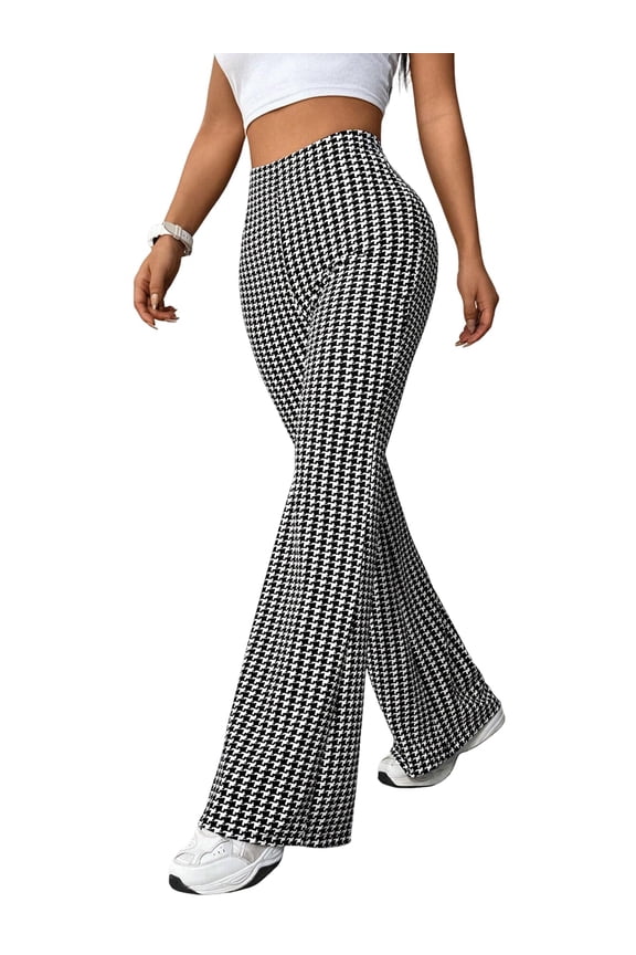 Women'S High-Rise Slim Fit Casual Flared Leggings - Retro Houndstooth Black & White Grid L