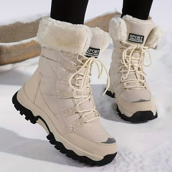 Women'S High-Top Winter Snow Boots - Warm Fleece-Lined, Non-Slip Rubber Sole, Durable Fabric Upper, Round Toe Design for Outdoor Hiking & Casual Wear, Beige, Hiking Boots, Cold Weather Footwear