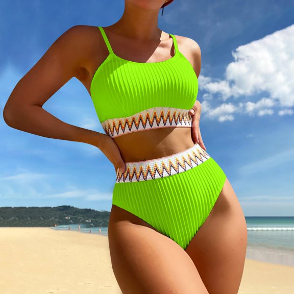 New Women'S High Waist Bikini Set V Neck Two Piece Swimsuit Color Block Front Twisted Swimsuit