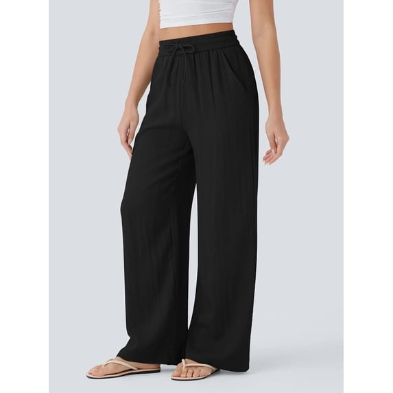 Women'S High Waist Drawstring Wide Leg Linen Blend Casual Pants with Pockets Black XXL
