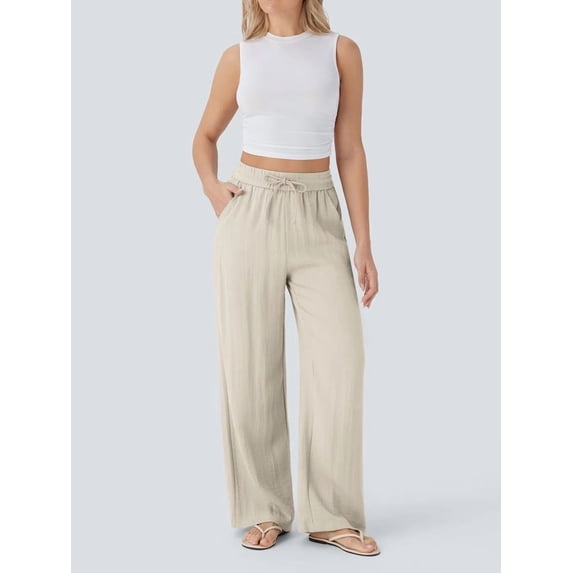 Women'S High Waist Drawstring Wide Leg Linen Blend Casual Pants with Pockets Color L