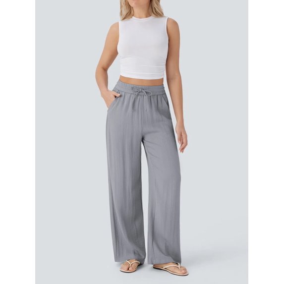 Women'S High Waist Drawstring Wide Leg Linen Blend Casual Pants with Pockets Gray L