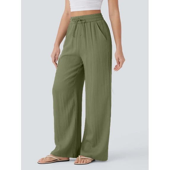 Women'S High Waist Drawstring Wide Leg Linen Blend Casual Pants with Pockets Olive Green XXXL