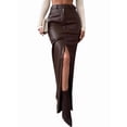 thumbnail image 1 of Women'S High Waist Front Slit Pure Color Simple Style Leather Pencil Skirt Bodycon Midaxi Dark Brown M, 1 of 8