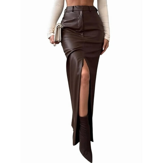 Women'S High Waist Front Slit Pure Color Simple Style Leather Pencil Skirt Bodycon Midaxi Dark Brown M