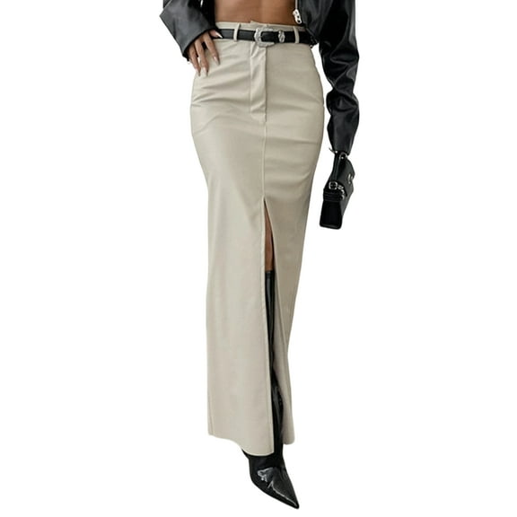 Women'S High Waist Front Slit Pure Color Simple Style Leather Pencil Skirt Bodycon Midaxi White L