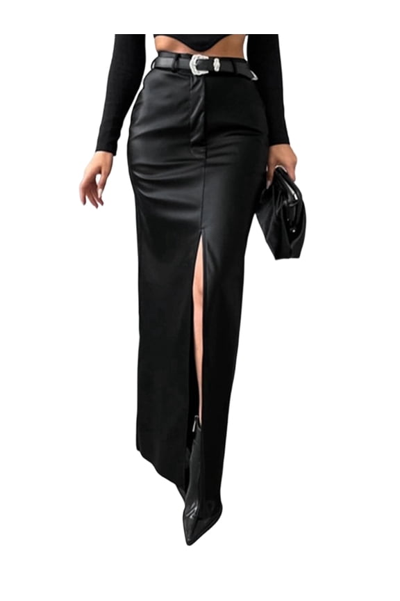 Women'S High Waist Front Slit Pure Color Simple Style Leather Pencil Skirt Bodycon Midaxi