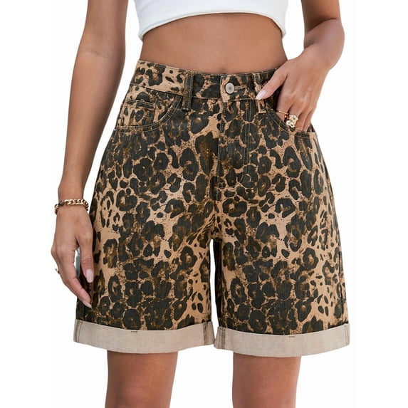 Women'S High Waist Long Jean Shorts for Women Ripped Distressed Jeans Short Leopard Print L