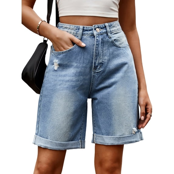 Women'S High Waist Long Jean Shorts for Women Ripped Distressed Jeans Short Light Blue S
