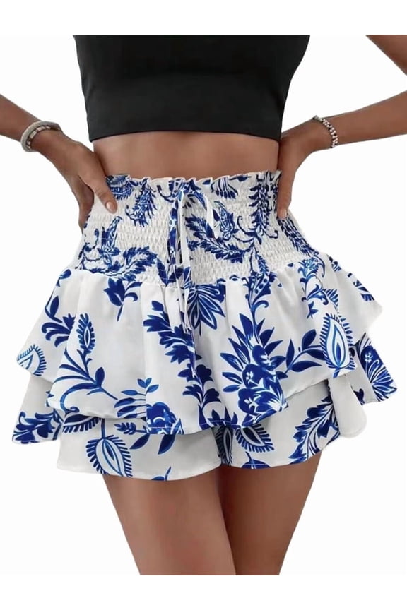Women'S High Waist Ruffle Mini Shorts Cute Tiered Short Shorts with Shorts Underneath Blue M