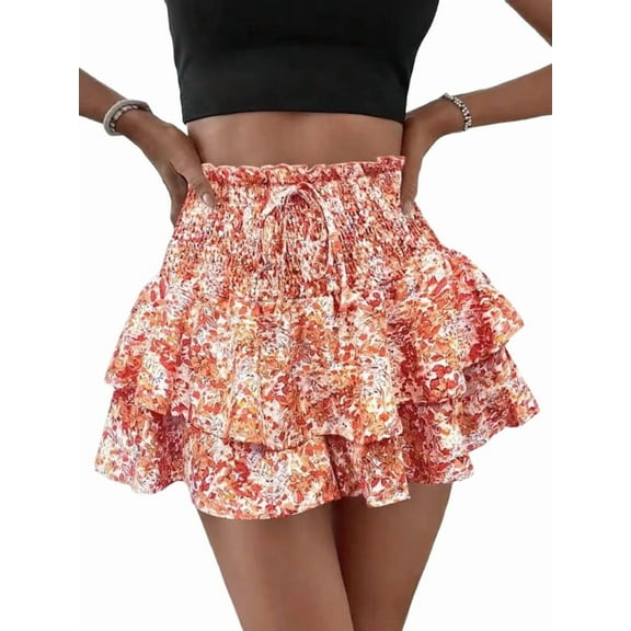 Women'S High Waist Ruffle Mini Shorts Cute Tiered Short Shorts with Shorts Underneath Orange Color XL