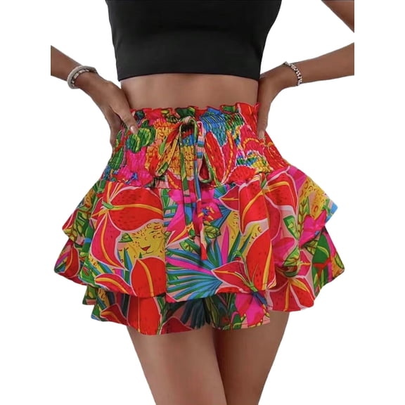 Women'S High Waist Ruffle Mini Shorts Cute Tiered Short Shorts with Shorts Underneath Red L
