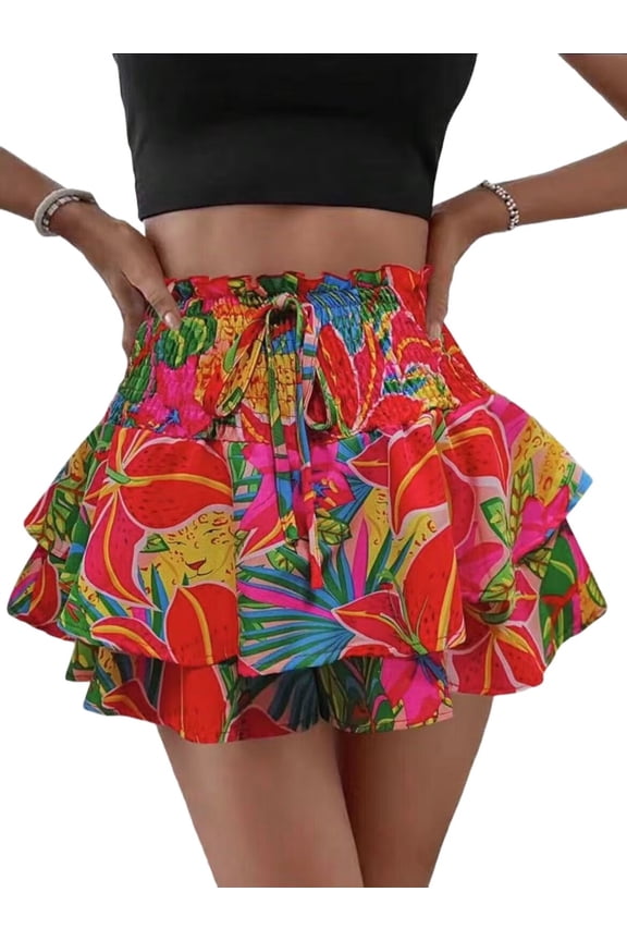 Women'S High Waist Ruffle Mini Shorts Cute Tiered Short Shorts with Shorts Underneath Red M