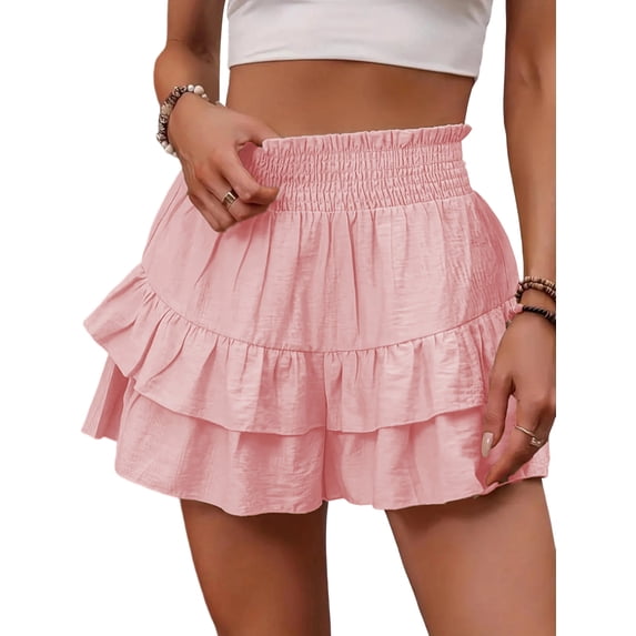 Women'S High Waist Ruffle Mini Skirt Tiered Short Skirt with Shorts Underneath Pink S