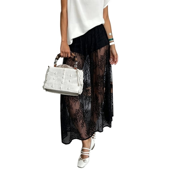 Women'S High Waist Sheer Floral Embroidered Lace A Line Maxi Skirt Black S
