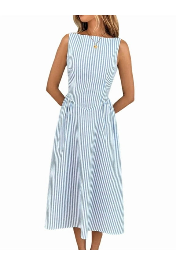 Women'S High Waist Sleeveless Striped Solid Color Dress 2025 Summer New Style Dress Blue S