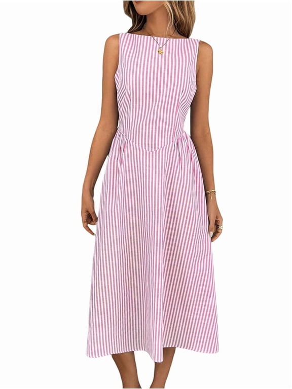 Women'S High Waist Sleeveless Striped Solid Color Dress 2025 Summer New Style Dress Pink S
