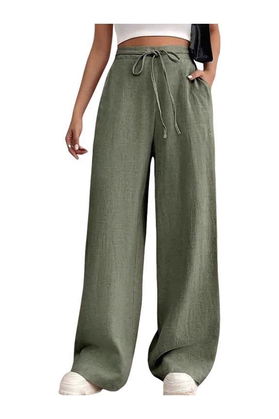 Women'S High Waist Slim Fit Draped Casual Tie Front Wide Leg Pants Army Green L