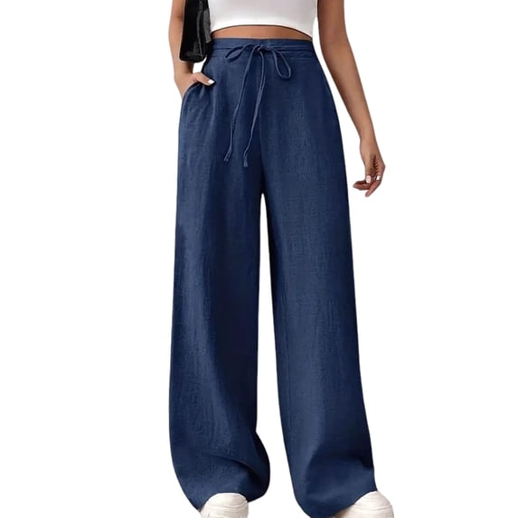 Women'S High Waist Slim Fit Draped Casual Tie Front Wide Leg Pants Blue XL