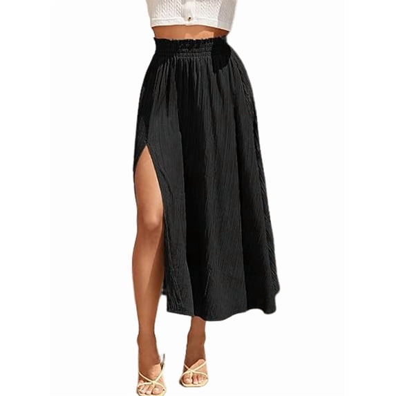 Women'S High Waist Solid Midi Skirt with Split Thigh and Pleated Paperbag Waist Black S
