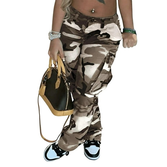 Women'S High Waist Straight Leg Multi-Color Camo Utility Pants with Pockets Casual Outdoor Wear Light Gray L