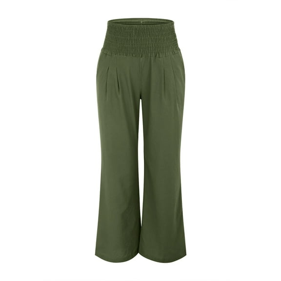 Women'S High Waist Wide Leg Pants Summer Flowy Beach Casual Pants with Pockets Dark Green L