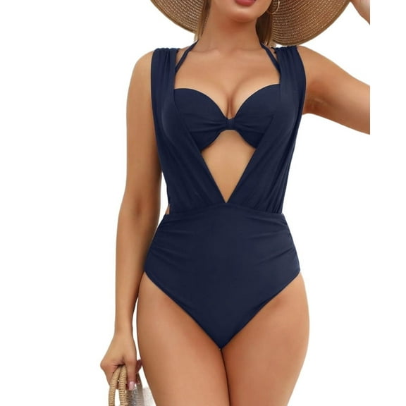 Women'S High Waist Wide Shoulder Strap One Piece Swimsuit Set Navy Blue M