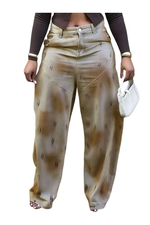 Women'S High Waisted Baggy Jeans Trendy Wide Leg Washed Distressed Denim Pants Brown XL